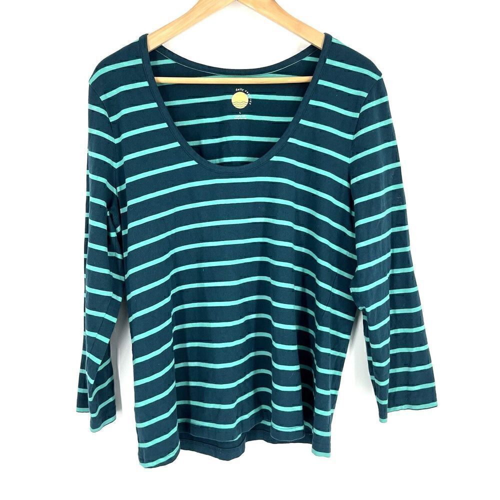 Anthropologie Daily Practice T Shirt Size Large Green Stripe Teal Scoop Neck Tee